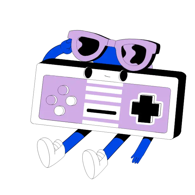 Illustration: Spiele-Bibliothek mit Gamepad und verschiedenen Spieltypen