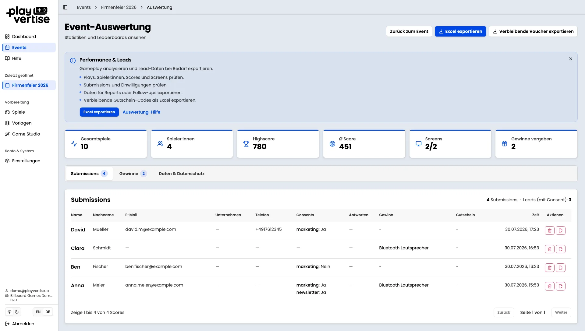 GameHub: Analytics-Ansicht mit Kennzahlen und Verlauf
