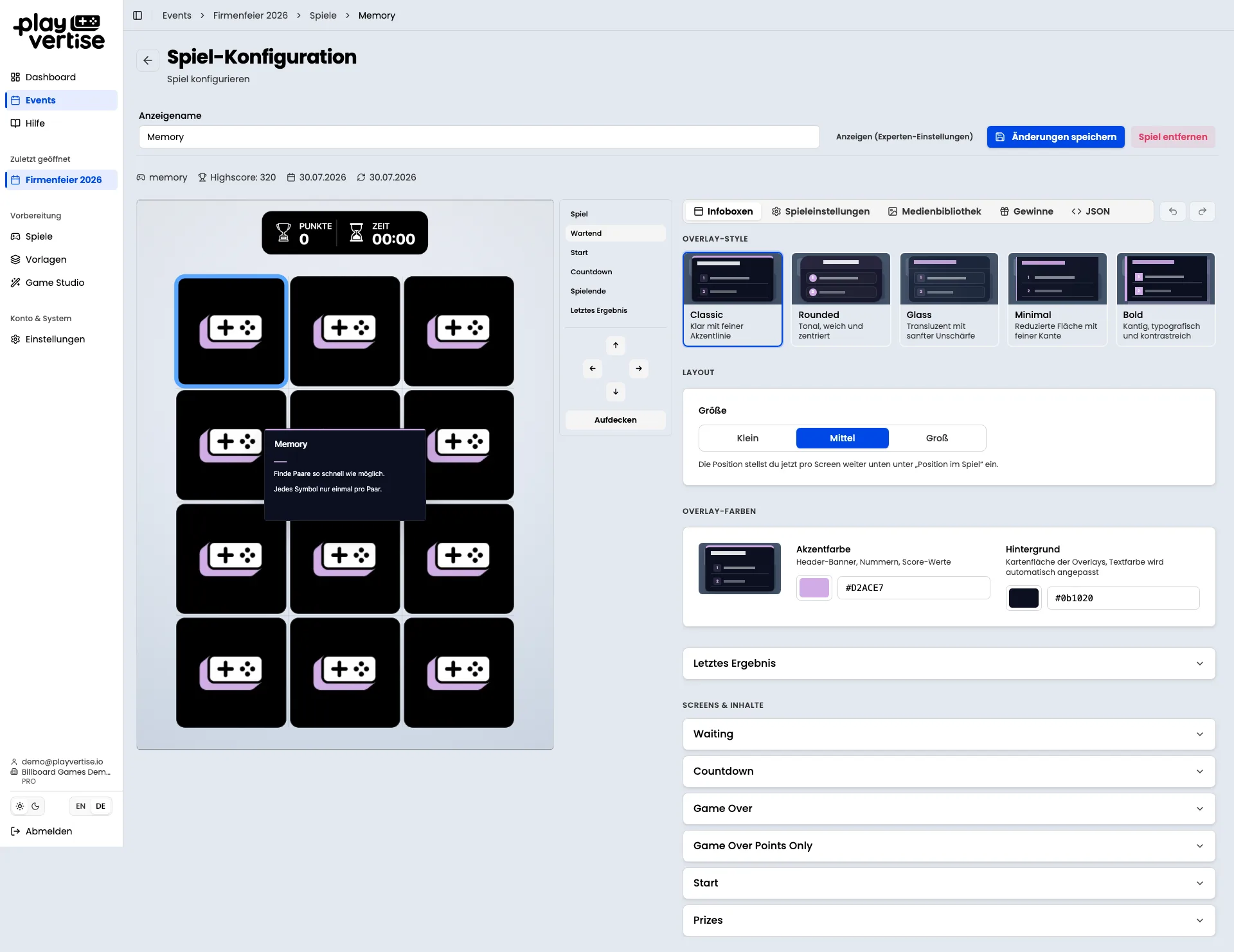 GameHub: visueller No-Code-Editor für Spiel-Branding mit Stilen, Farben und Layout