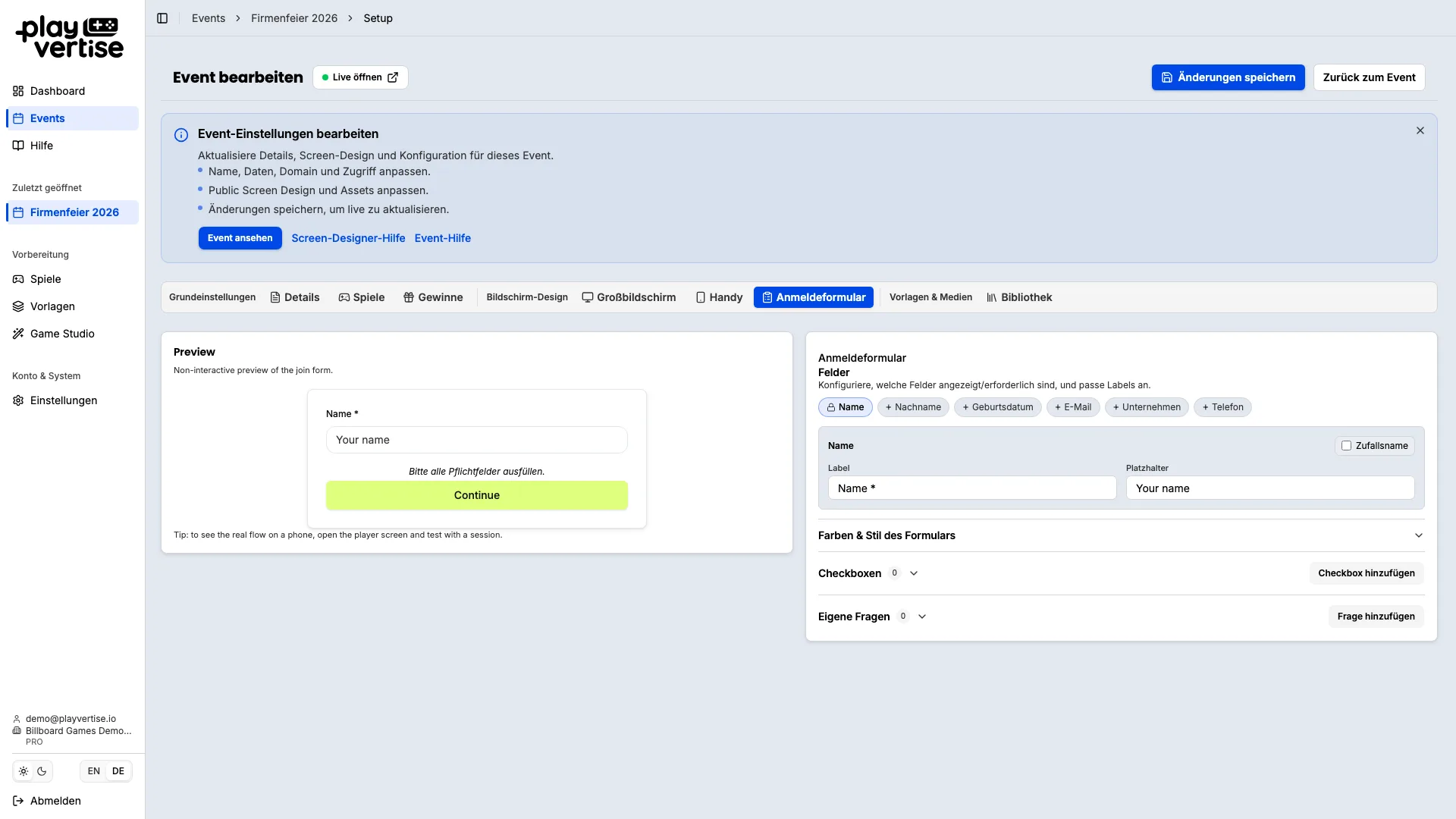 GameHub: Anmeldeformular mit Kontaktfeldern für DSGVO-konformes Lead-Capturing