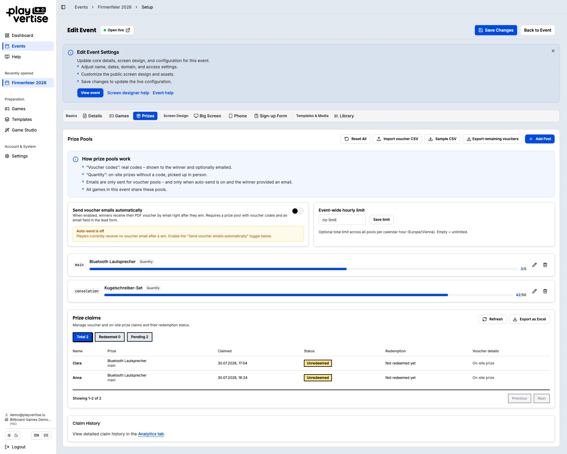 GameHub: prize and pool configuration