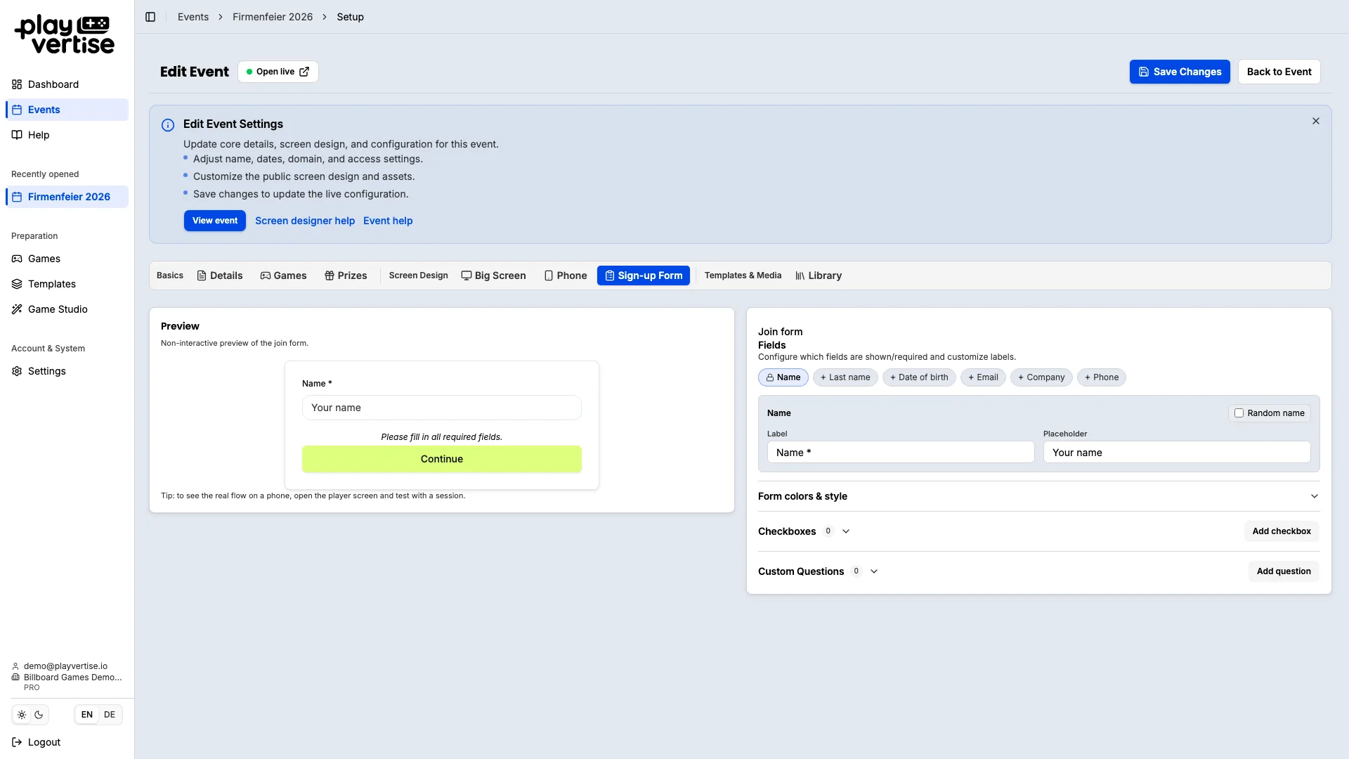 GameHub: sign-up form with contact fields for GDPR-compliant lead capture