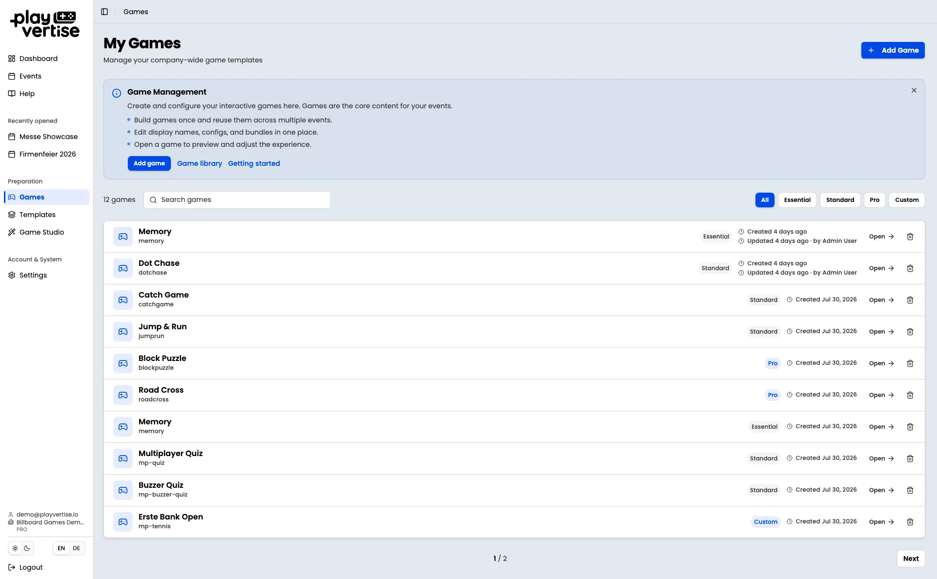 GameHub: game library with search, category filters and the list of configured games