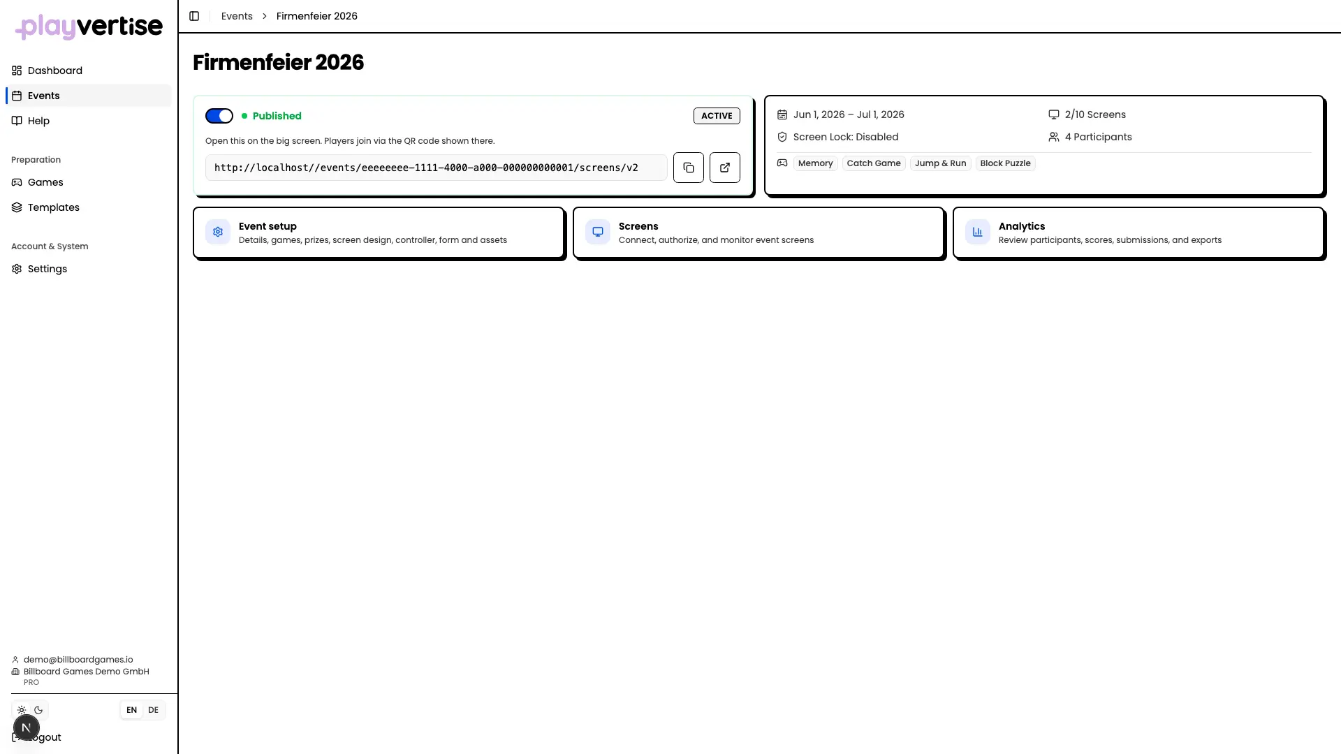 GameHub: Detailansicht eines Events mit Status und Metadaten