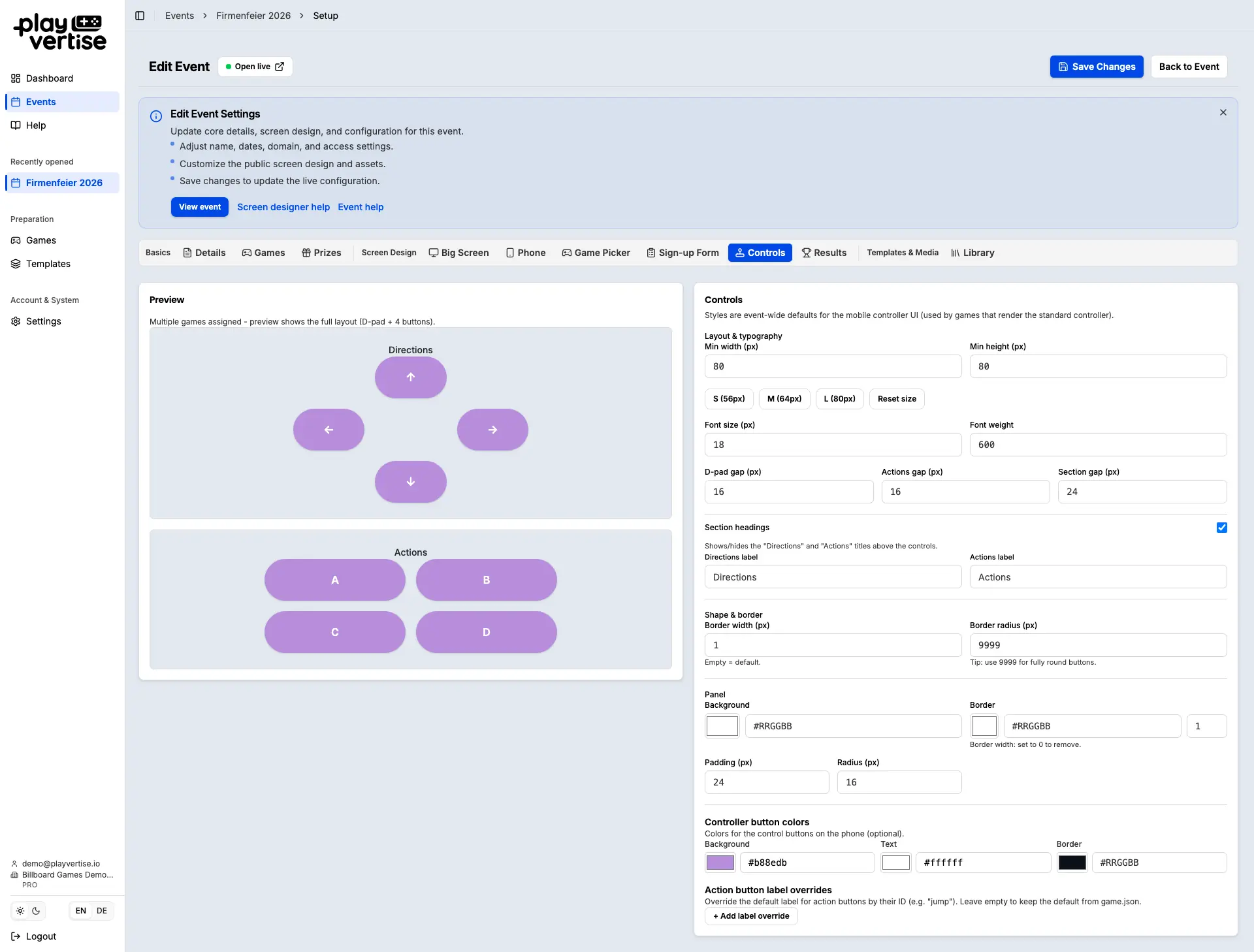 GameHub: controller configuration with D-pad, buttons, colors and labels