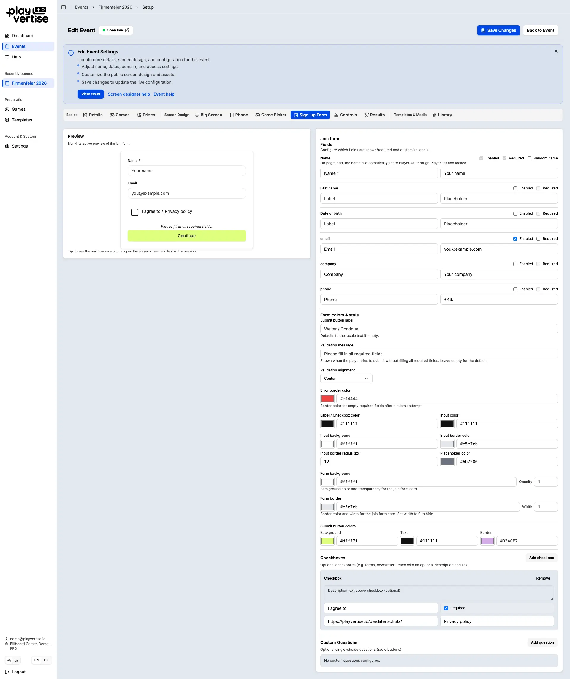 GameHub: sign-up form with contact fields for GDPR-compliant lead capture